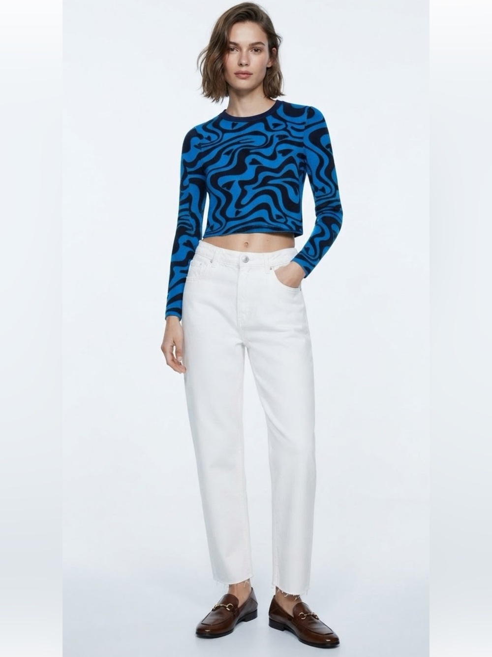Zara Blue & Black Swirl-Print Long-Sleeve Crop Crewneck Sweater Size Medium